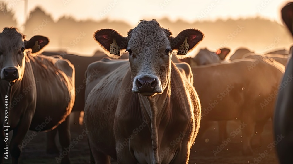 Cows with smart collar in modern farm livestock animal with sunlight, generative ai Cows with smart collar in modern farm livestock animal with sunlight, generative ai
