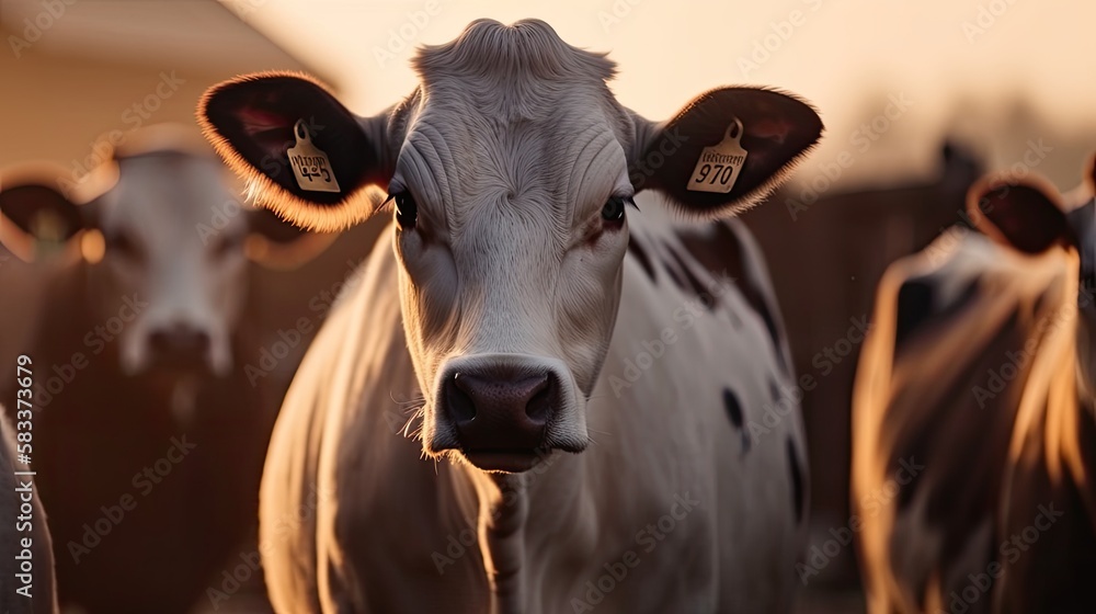 Cows with smart collar in modern farm livestock animal with sunlight, generative ai