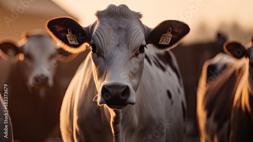 Cows with smart collar in modern farm livestock animal with sunlight, generative ai