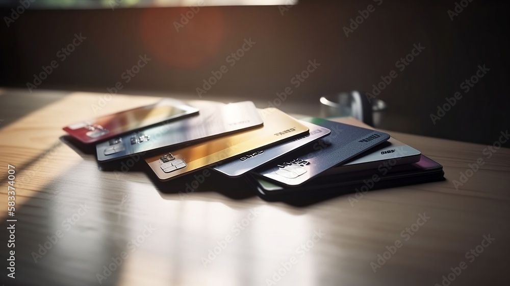 Money and credit cards on a desk. Generative AI Money and credit cards on a desk. Generative AI