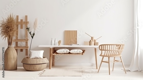 Home mockup, white room with natural wooden furniture,  generative ai