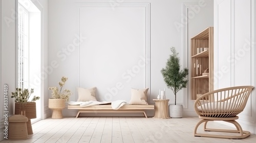 Home mockup, white room with natural wooden furniture, generative ai