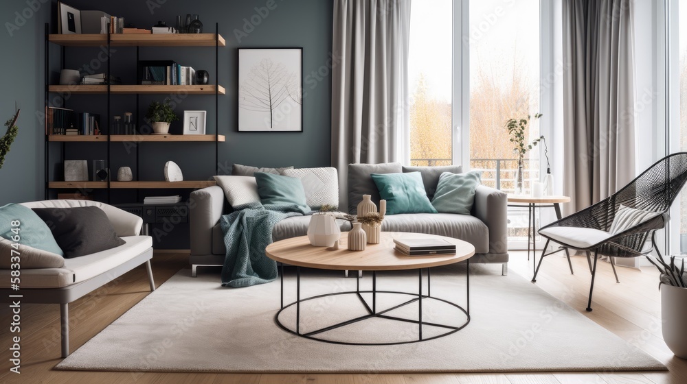 Interior view of a modern living room. Home decor concept. generative ai