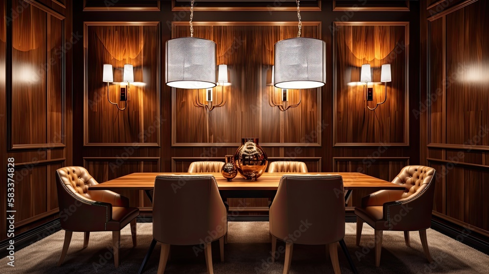 Luxury dining room interior with modern leather chairs and shine table. Wall wood paneling. Background is winter. generative ai
