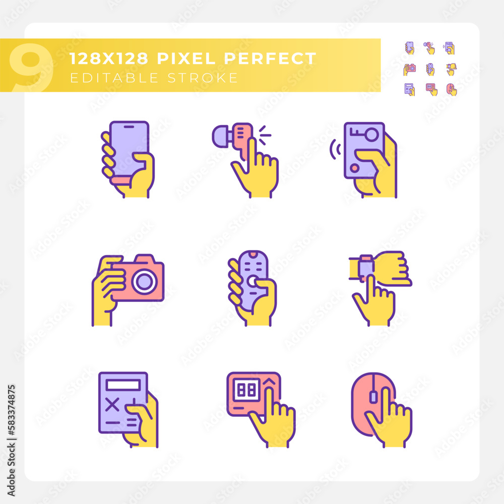 Yellow hands holding electronic gadgets RGB color icons set. Digital equipment usage. Technology for life improvement. Isolated vector illustrations. Simple filled line drawings collection