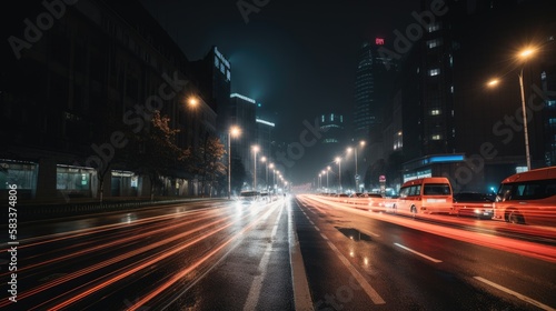 Long exposure of a speedy night drive in a big city, generative ai © Creative Station