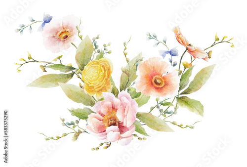 Spring blooming poppies bouquet. Watercolor illustration. Hand drawn flowers for invites, cards and logos.