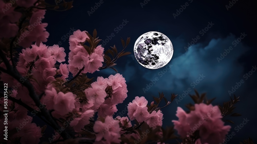 Obraz premium Romantic night scene - Beautiful pink flower blossom in night skies with full moon. sakura flower in night, generative ai