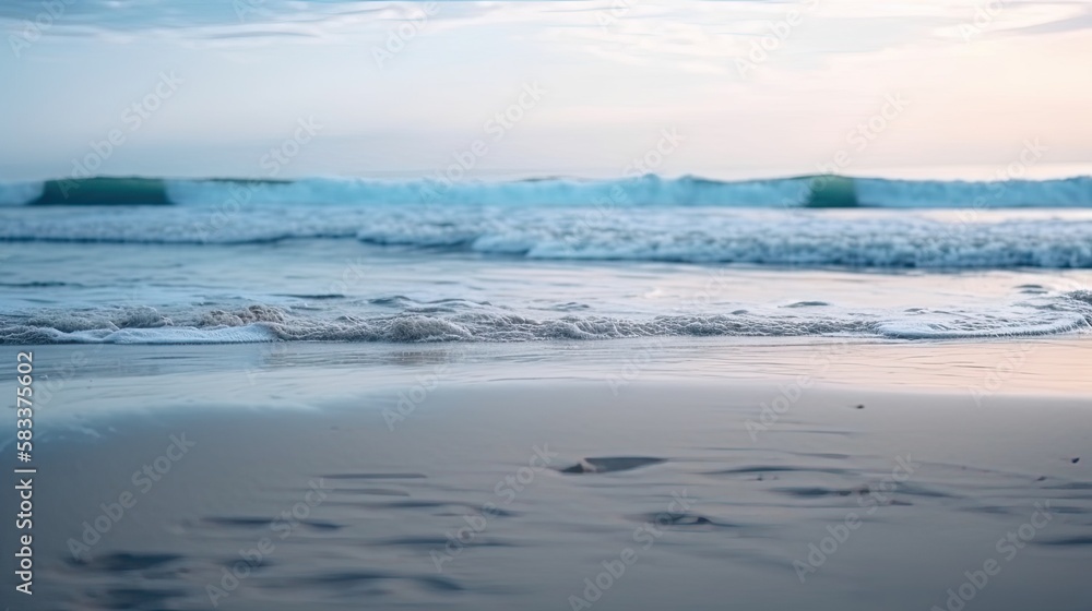 Seascape abstract beach background. blur bokeh light of calm sea and sky. Focus on sand foreground. generative ai