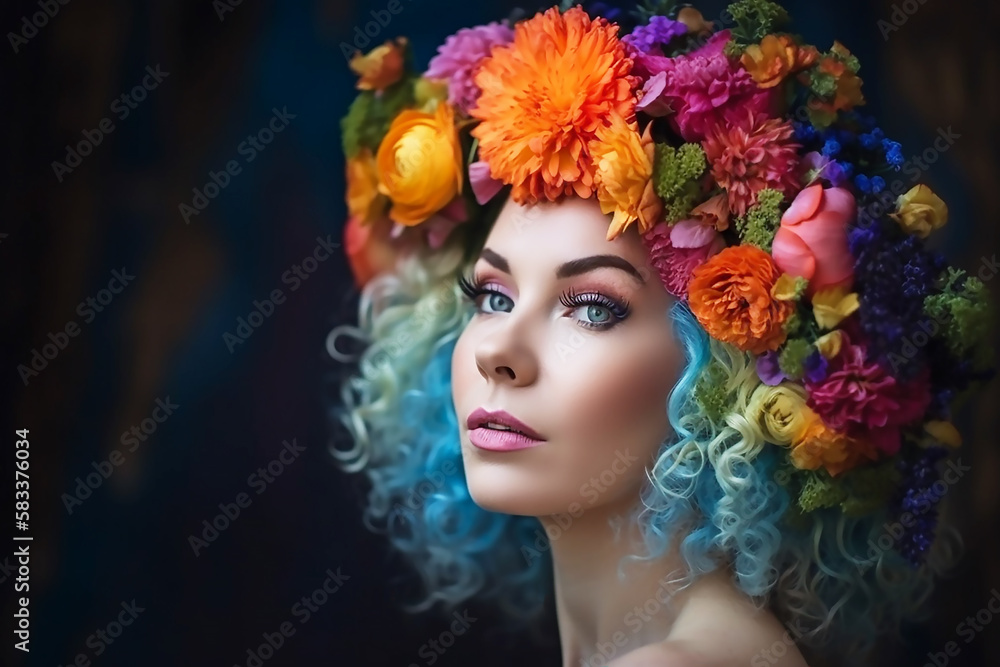Beauty, summer model girl with a bright floral wreath and multi-colored hair, flower hairstyle with blooming flowers on head. Bright fashionable make-up. generative AI Beauty, summer model girl with a bright floral wreath and multi-colored hair, flower hairstyle with blooming flowers on head. Bright fashionable make-up. generative AI