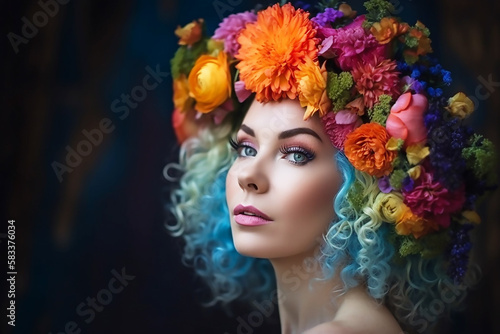 Beauty, summer model girl with a bright floral wreath and multi-colored hair, flower hairstyle with blooming flowers on head. Bright fashionable make-up. generative AI © ksu_ok