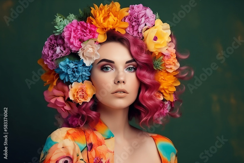 Beauty, summer model girl with a bright floral wreath and multi-colored hair, flower hairstyle with blooming flowers on head. Bright fashionable make-up. generative AI 