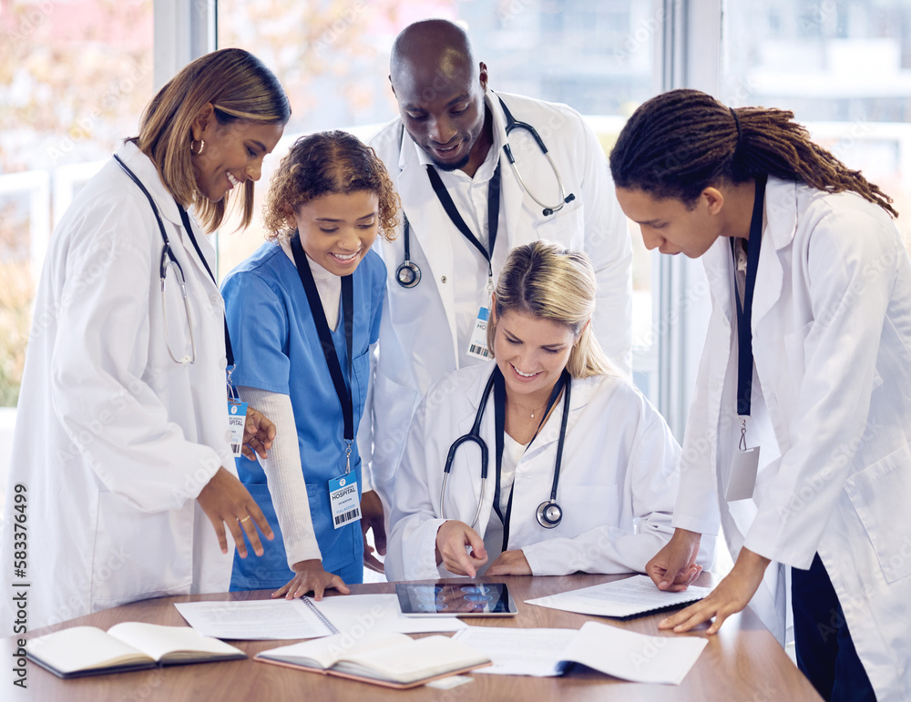 Doctors group discussion, tablet and desk with documents, results or report with teamwork, good news and support. Team, touchscreen and big data analysis for progress, development or medical research Doctors group discussion, tablet and desk with documents, results or report with teamwork, good news and support. Team, touchscreen and big data analysis for progress, development or medical research