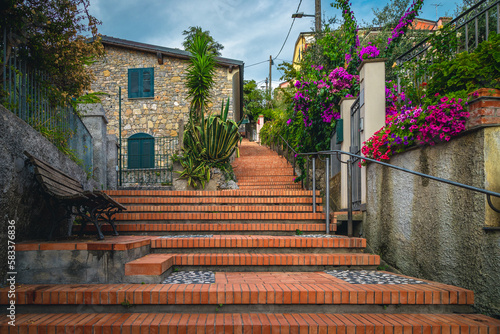 Fototapeta Naklejka Na Ścianę i Meble -  Street view with flowery gardens and cozy walkway in Tellaro