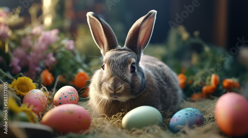 Easter bunny and Easter eggs on green grass field spring meadow. Generated Ai technology.