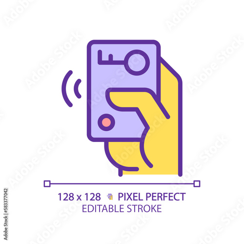 Yellow hand with car remote starter RGB color icon. Wireless automobile key. Digital card of driver. Innovative technology. Isolated vector illustration. Simple filled line drawing