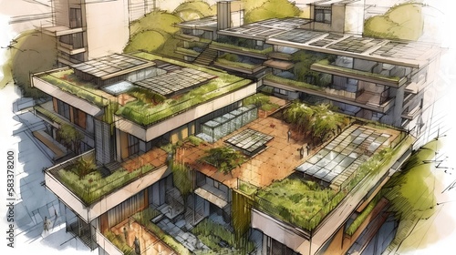 Sketch of sustainable urban architecture, featuring green roofs and solar panels. Eco friendly design, energy efficiency, carbon neutral buildings, and biophilic elements for smart city. Generative AI