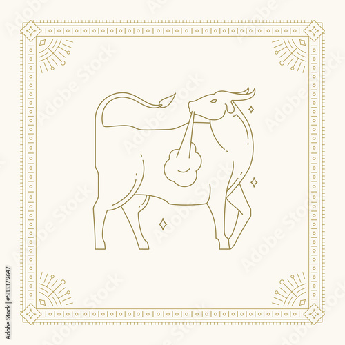 Taurus zodiac horoscope symbol antique line art deco golden frame vintage card design vector