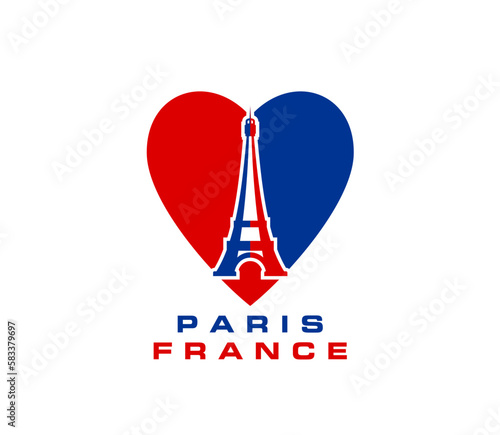 Paris Eiffel tower and heart of France flag, French love vector icon. France travel, city tour or tourism art symbol of Eiffel tower landmark in heart love silhouette, French fashion print for shirt