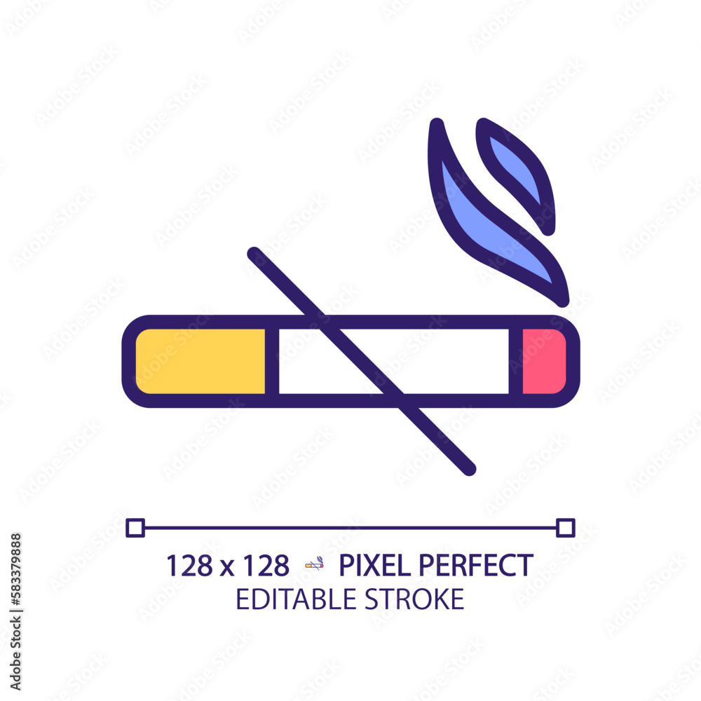 No smoking pixel perfect RGB color icon. Cigarettes ban sign. Important rule of toilet room usage. Fresh air condition. Isolated vector illustration. Simple filled line drawing. Editable stroke No smoking pixel perfect RGB color icon. Cigarettes ban sign. Important rule of toilet room usage. Fresh air condition. Isolated vector illustration. Simple filled line drawing. Editable stroke