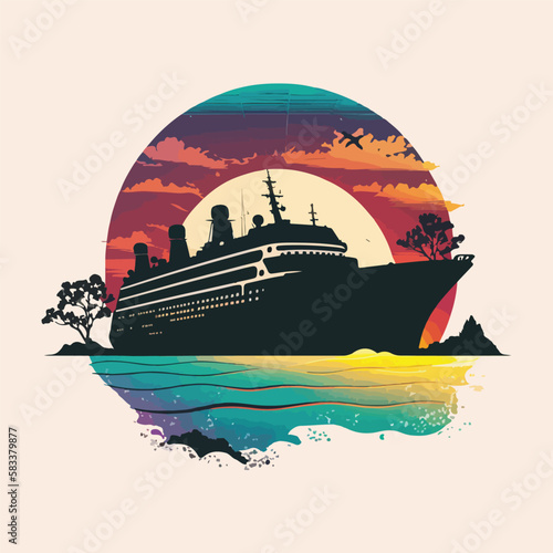 Cruise ship in front of a vintage sunset