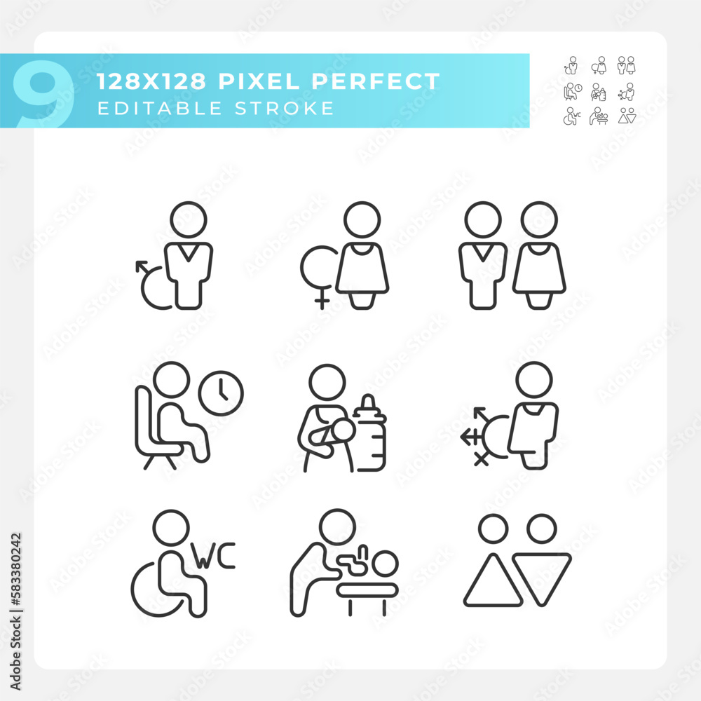 Public toilet rooms signs pixel perfect linear icons set. Hygiene in restrooms. Private place for guests. Customizable thin line symbols. Isolated vector outline illustrations. Editable stroke Public toilet rooms signs pixel perfect linear icons set. Hygiene in restrooms. Private place for guests. Customizable thin line symbols. Isolated vector outline illustrations. Editable stroke