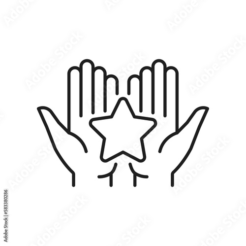 Star in hand, review outline icon. Vector gold positive customer experience, online feedback, hand holding quality rating icon, grade symbol