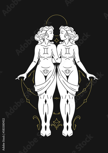Gemini woman zodiac symbol antique goddess astrology celestial line art deco vector illustration