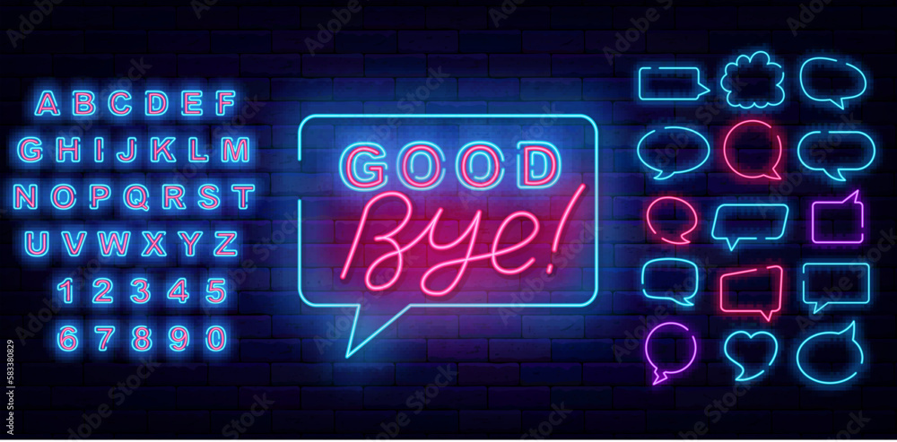 Good bye neon label in think cloud with lettering. Farewell concept. Leaving text. Vector stock illustration Good bye neon label in think cloud with lettering. Farewell concept. Leaving text. Vector stock illustration