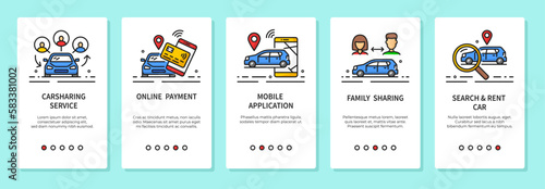 Car share service mobile app for phone, city taxi and online car ride rent, vector templates. Car sharing service and transport vehicle rental service search for transport mobile phone application