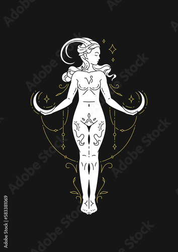 Capricorn woman antique goddess zodiac astrology line art deco celestial silhouette vector