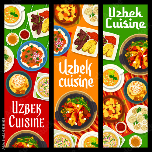 Uzbek cuisine meals banners, food dishes and meals, vector lunch and dinner. Central Asian or Uzbek cuisine dishes of beshbarmak, manti dumplings and lagman soup with vegetable lamb stew or duck kebab