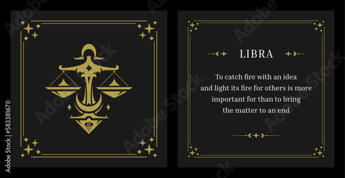 Libra zodiac horoscope fortune description vintage card design template set vector illustration