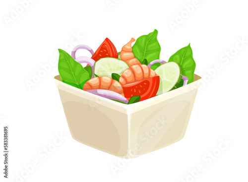 Cartoon salad with shrimps, isolated vector square bowl with fresh vegetables and seafood. Delicious dish with prawns, fresh lettuce, onion, tomatoes and cucumbers. Healthy eating, dieting food