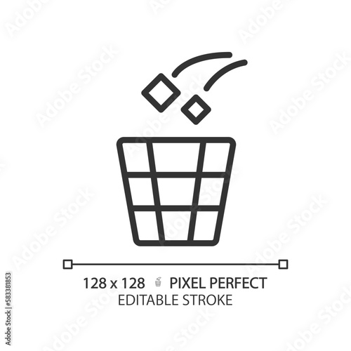 Throw rubbish pixel perfect linear icon. Use litter bin in toilet room. Put garbage in container. Remove rubbish. Thin line illustration. Contour symbol. Vector outline drawing. Editable stroke