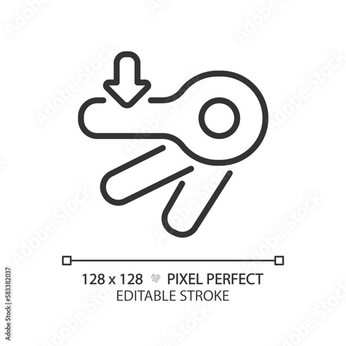 Automatic flush lever pixel perfect linear icon. Toilet bowl detail. Mechanism of restroom equipment. Lavatory tech. Thin line illustration. Contour symbol. Vector outline drawing. Editable stroke