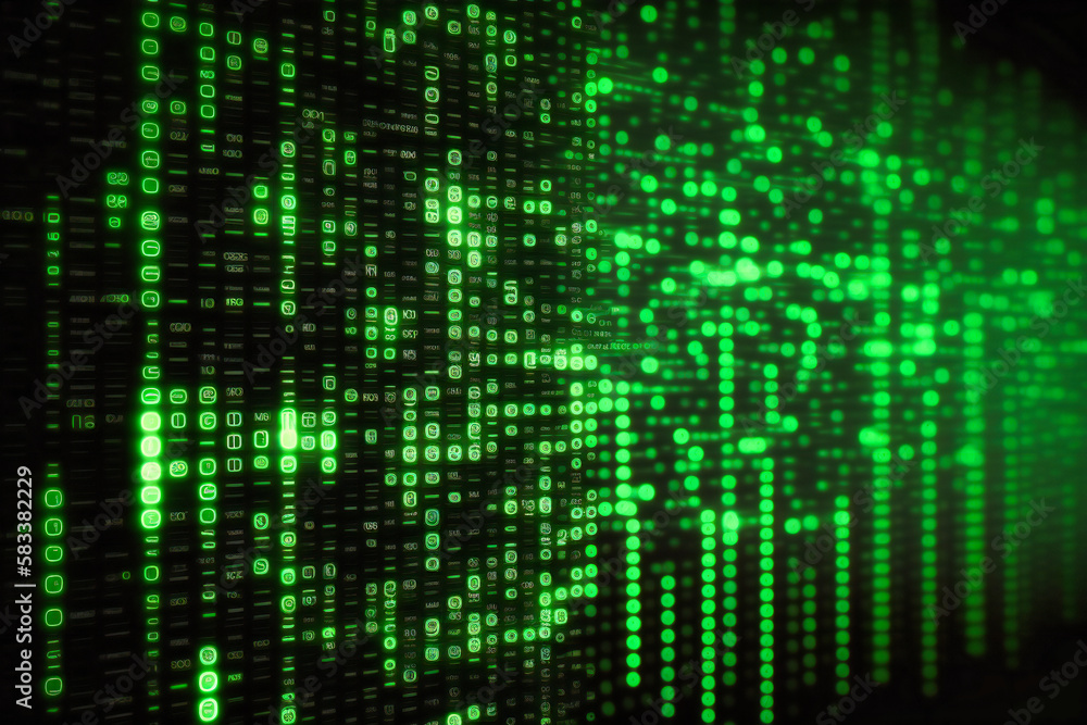 A mesmerizing cascade of glowing green binary code flows seamlessly, creating a striking digital matrix background