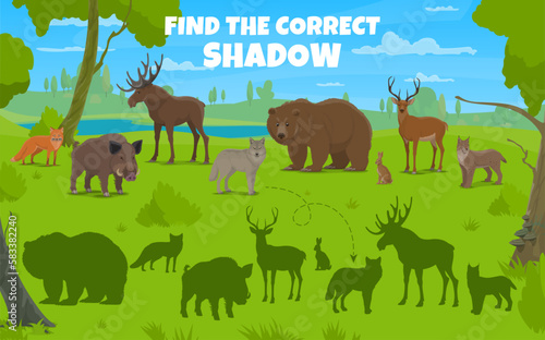 Find correct shadow of cartoon hunting forest animals and birds. Vector game, riddle worksheet with wolf, boar, bear and deer, fox, hare, elk or lynx wildlife beasts on green lawn in summer wood