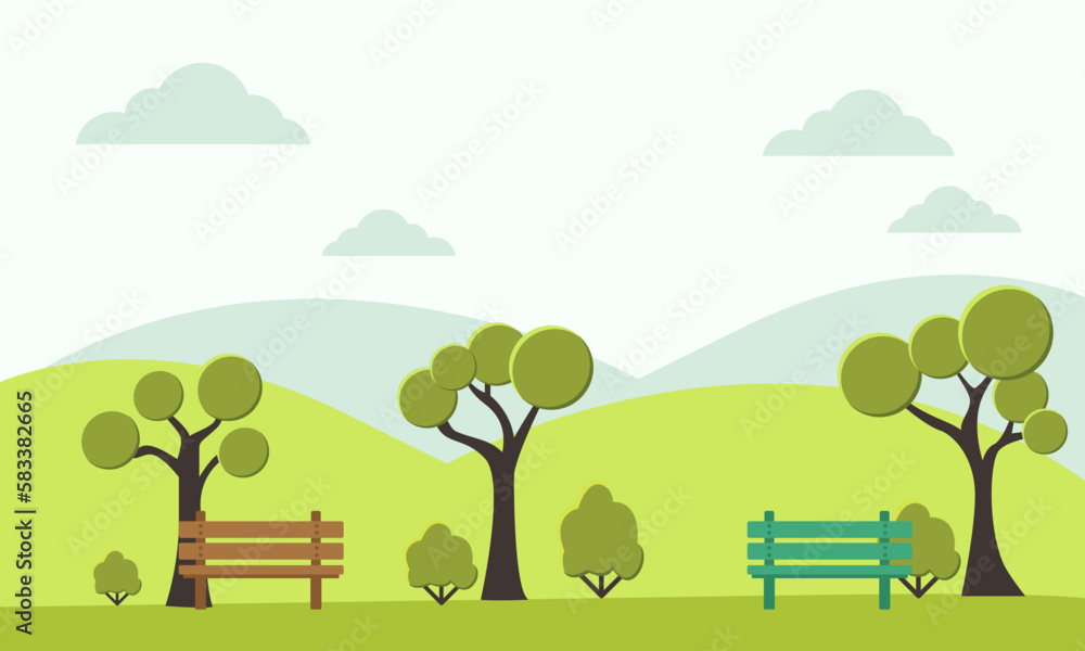 Public park in the city with chairs Vector illustration, spring landscape background