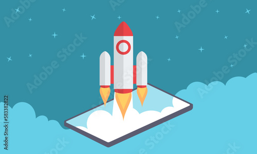 Start up banner with laptop, rocket, clouds Vector illustration, Successful launch of startup