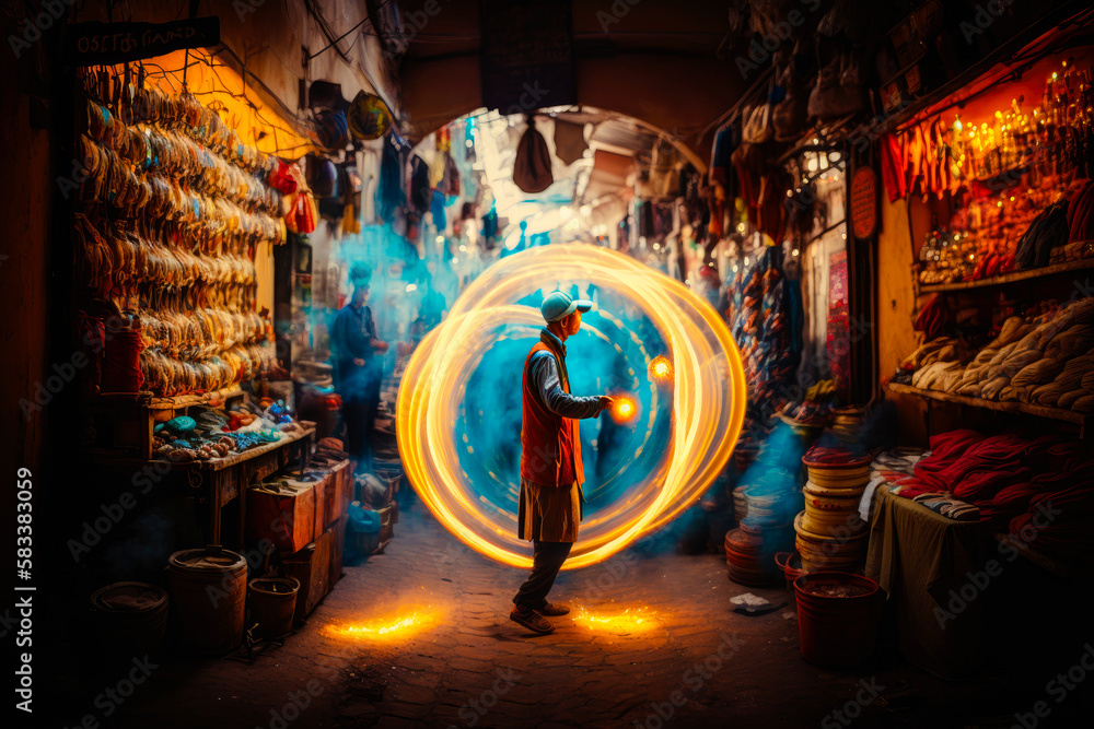 a street performer juggling fire in the busy market of Marrakech, long exposure - Generative AI
