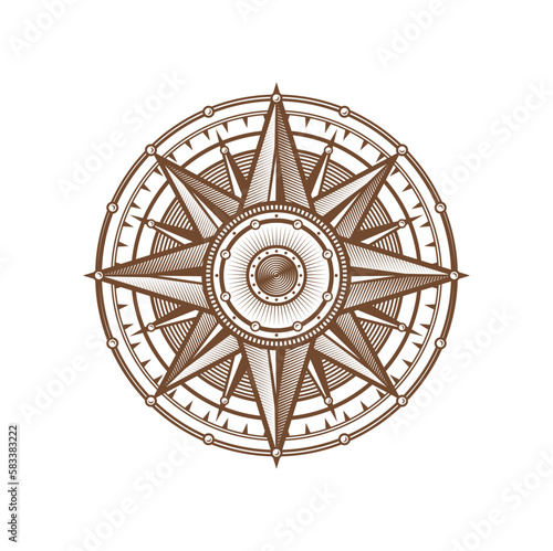 Compass, wind rose cartography symbol. Nautical navigation compass, ocean geography map direction or sea sailing latitude engraved vector symbol. Medieval marine cartography wind rose antique sign