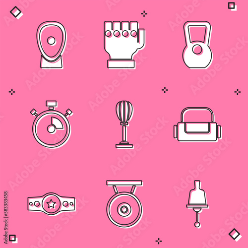 Set Boxing training paws, MMA glove, Kettlebell, Stopwatch, Punching bag, Sport, belt and Gong icon. Vector