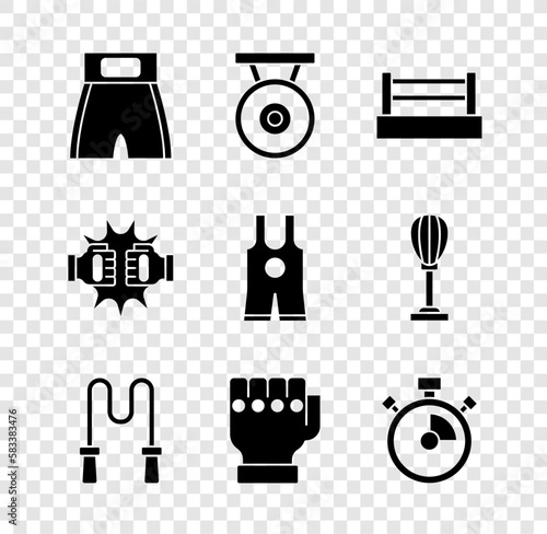 Set Boxing short, Gong, ring, Jump rope, MMA glove, Stopwatch, Punch boxing gloves and Wrestling singlet icon. Vector