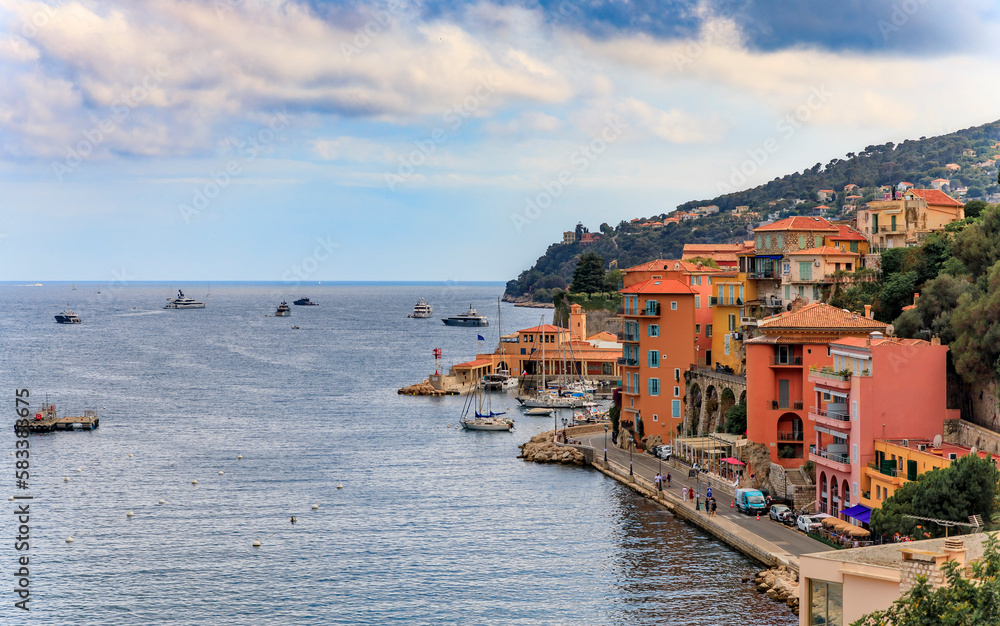 An aerial panoramic view of Villefranche sur Mer medieval town, South of France