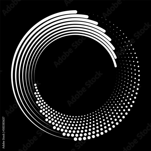 Abstract white frame from lines and dots. Vector circular spiral for design banners, posters, business projects, covers, logos. Geometric black and white texture with halftone effect.