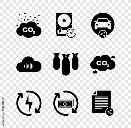 Set CO2 emissions in cloud, Hard disk drive with clockwise, Car sharing, Recharging, Refund money and Share file icon. Vector