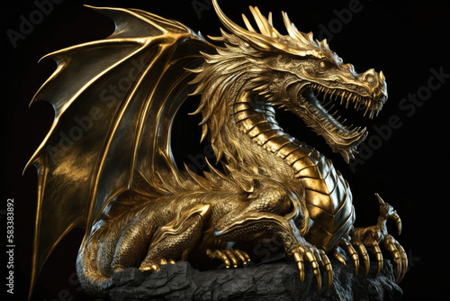 dragon gold statue on the dark background, generative AI © Kien