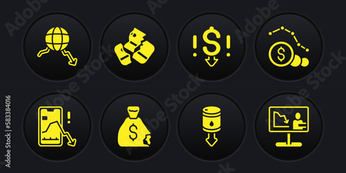 Set Mobile stock trading, Dollar rate decrease, Money bag, Drop crude oil price, Credit card, Global economic crisis news and icon. Vector