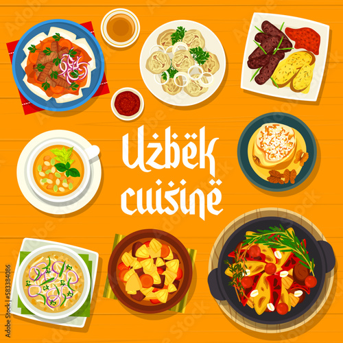 Uzbek cuisine menu cover with food dishes and meals of Uzbekistan, vector lunch and dinner. Uzbek cuisine national dishes beshbarmak, manti dumplings and lagman soup with vegetable lamb stew